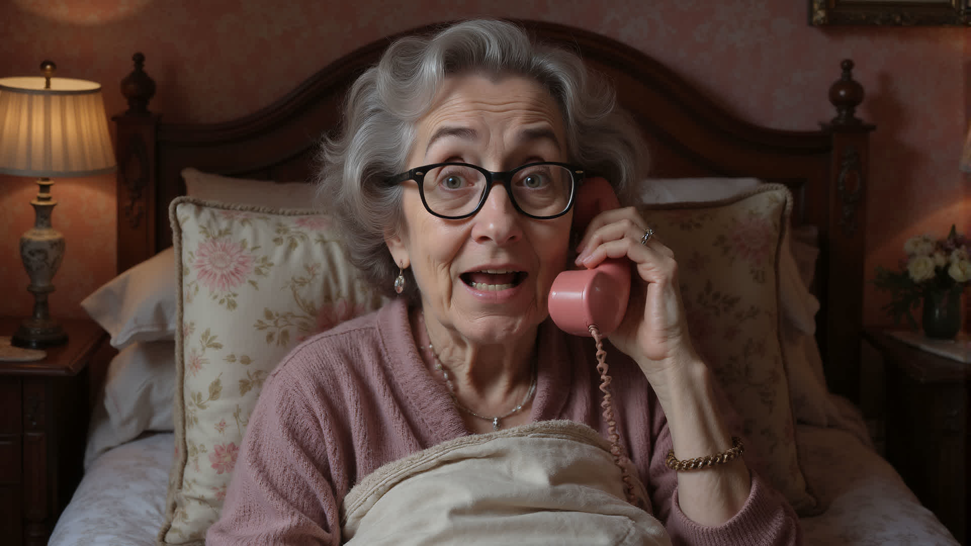 Daisy on a phone in bed