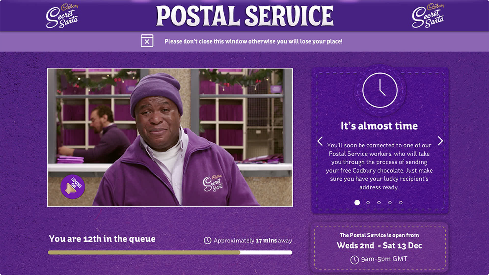 a screenshot of what the user will see whilst waiting in the queue to use the secret santa postal service 