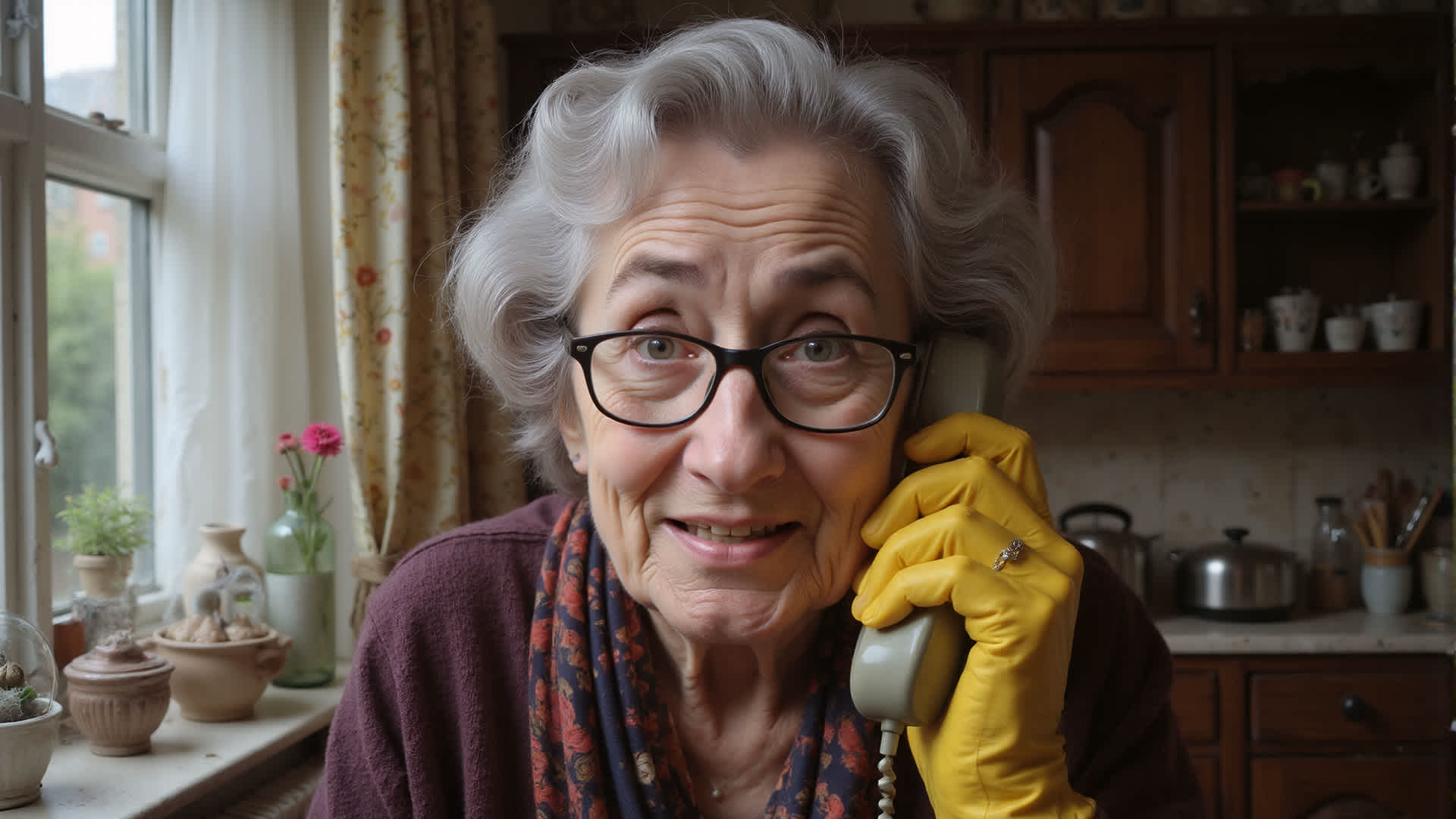 Daisy on a phone in the kitchen