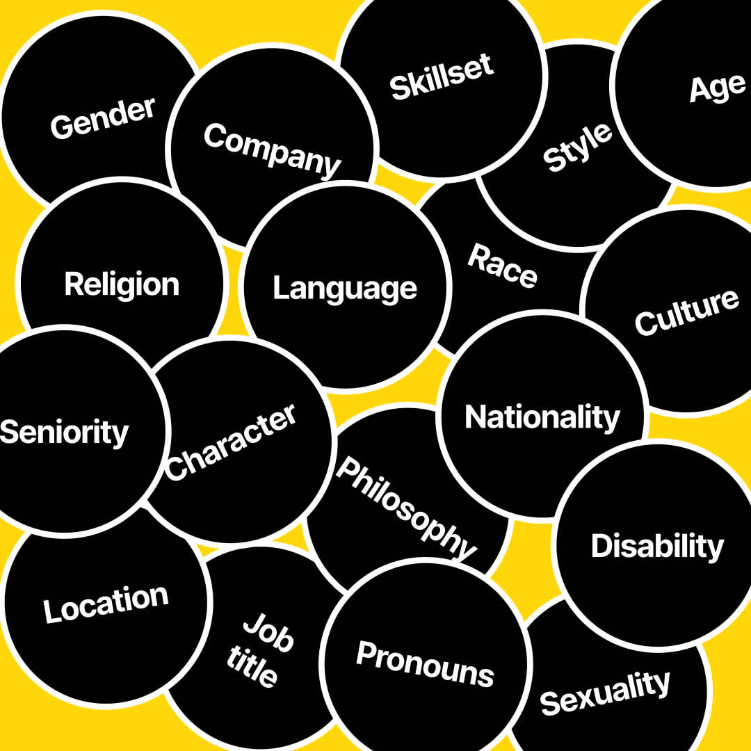 Examples of ways people can be diverse: Gender, Religion, Seniority, Character, Language, Nationality, Race, Culture, Age, Style, Sexuality, Pronouns, Company, Skillset, Experience, Location, Job title, Philosophy
