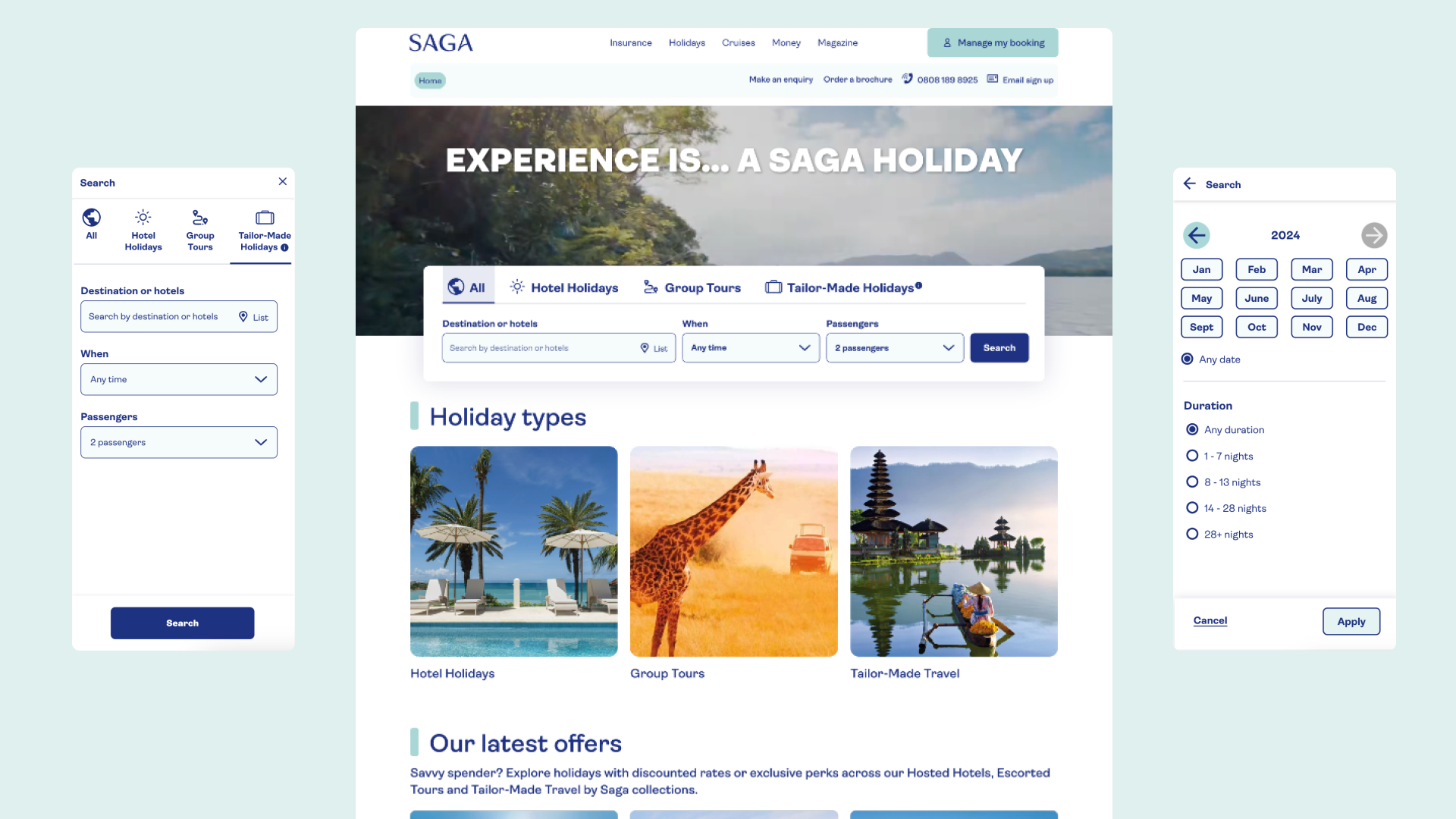 Designs for the ‘Holiday types’ webpage on desktop, and search experience on mobile