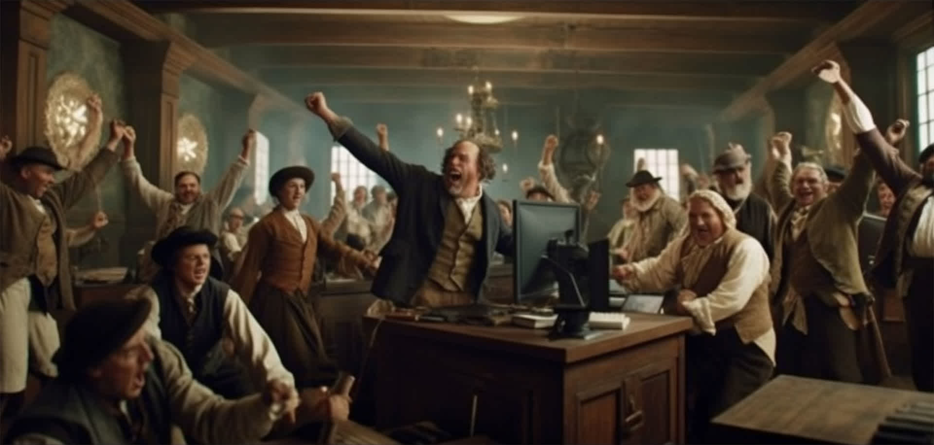 A man cheering behind computer in room full of people in historical themed clothes