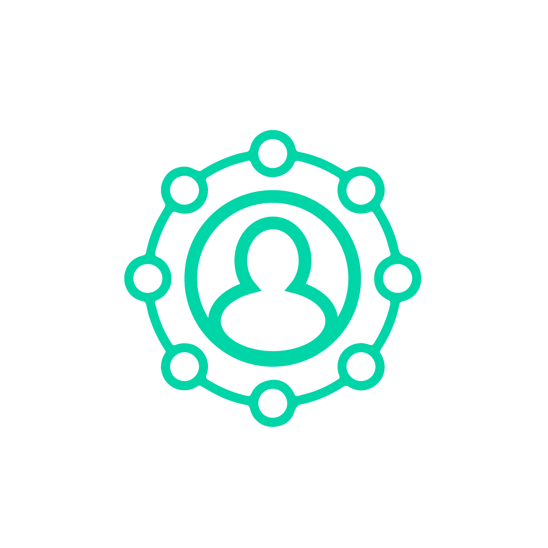 teal coloured icon of an outline of a person with small circles surrounding them 