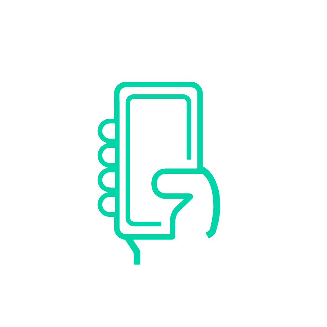 teal coloured icon of a hand holding up a mobile phone