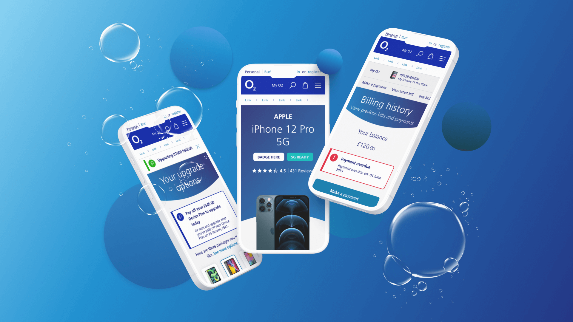 Three mobile devices showcasing O2 website