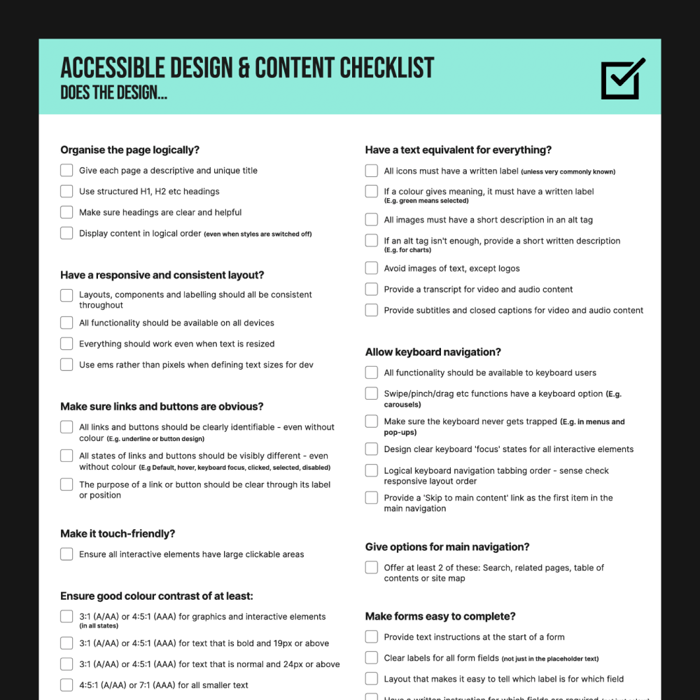Checklist of 40 accessibility criteria across UX, UI, Copy, Video and Content Management