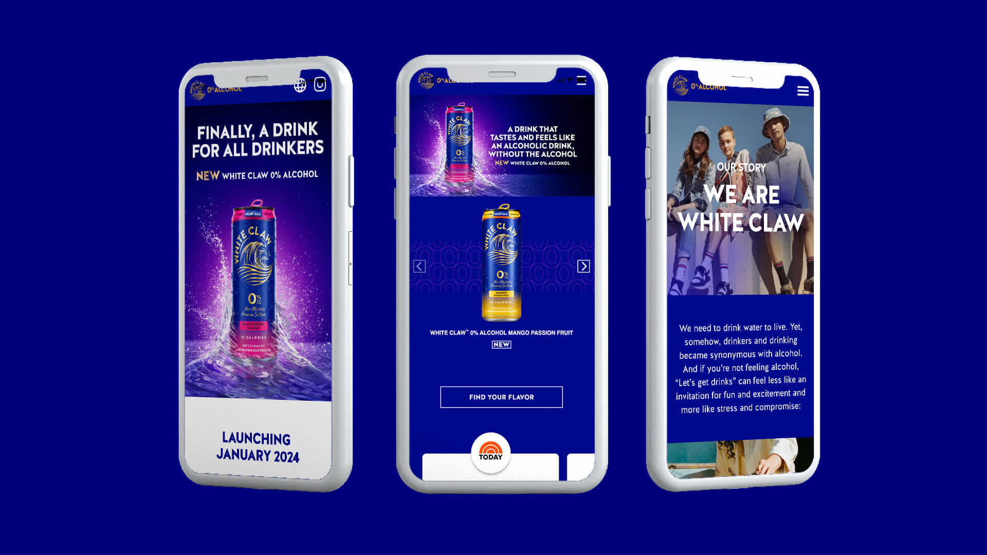 Three mobile phones showing White Claw websites