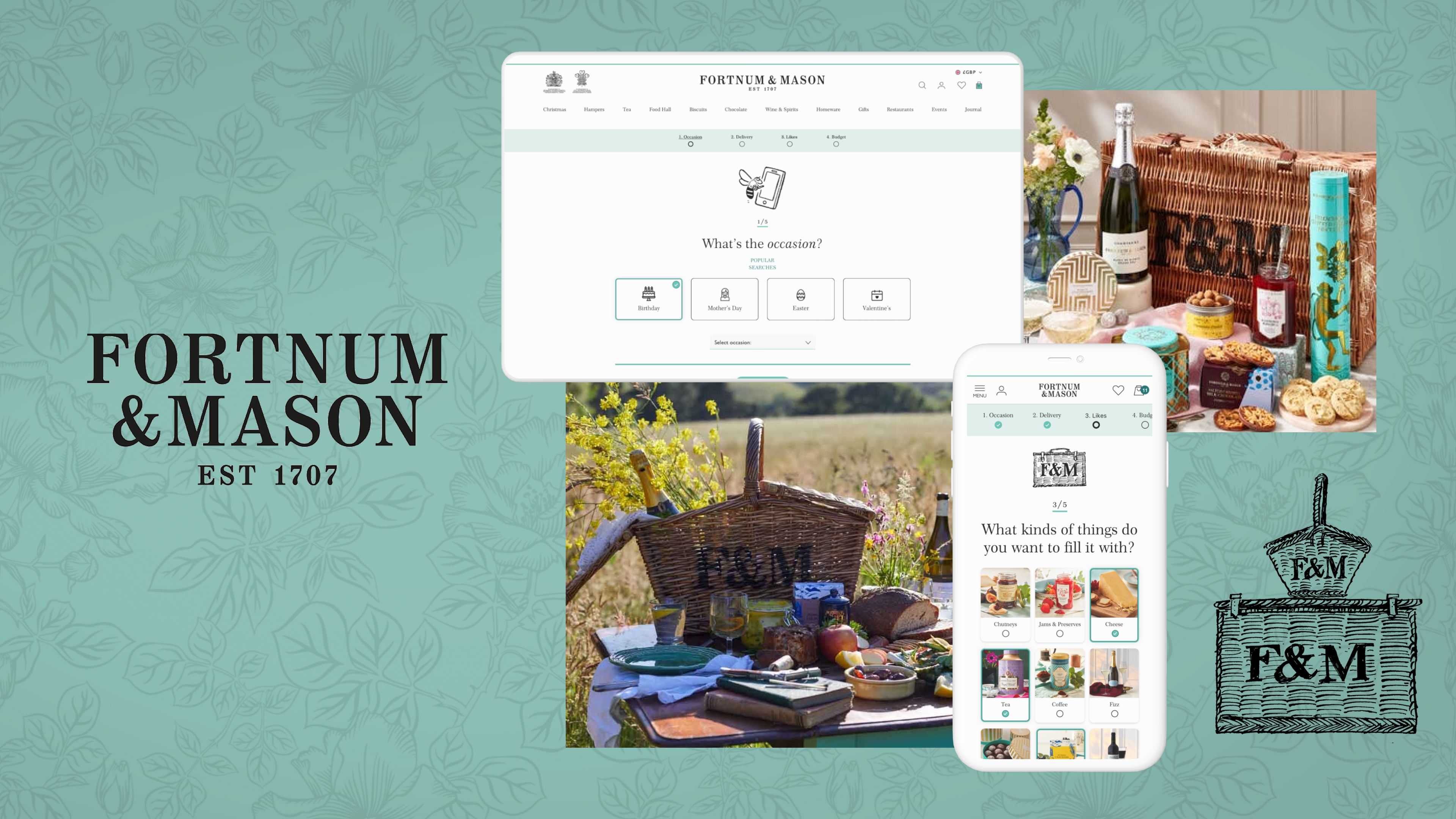 Desktop and mobile screens showing the online hamper finder tool on the Fortnum & Mason website alongside photos of the iconic wicker hampers with food and drink inside them