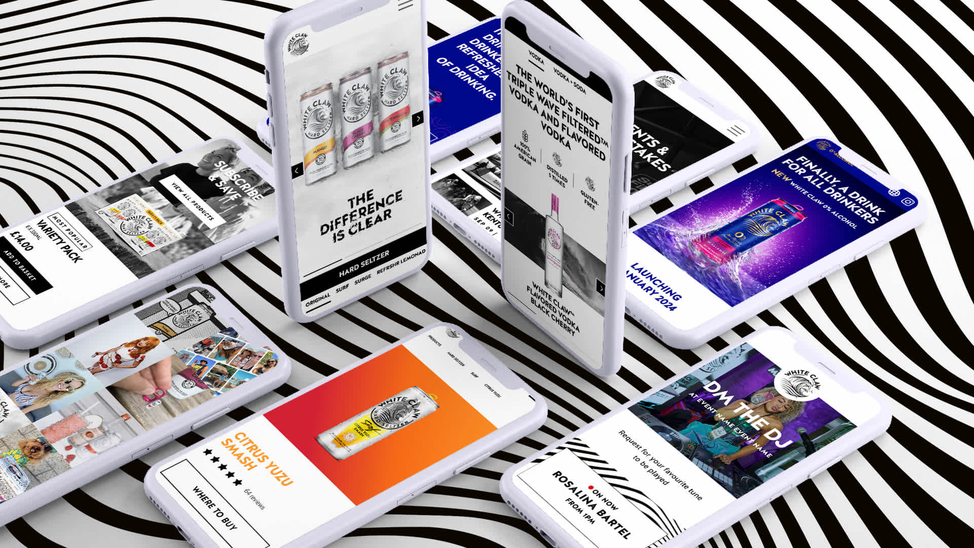 Mobile phones showing White Claw websites