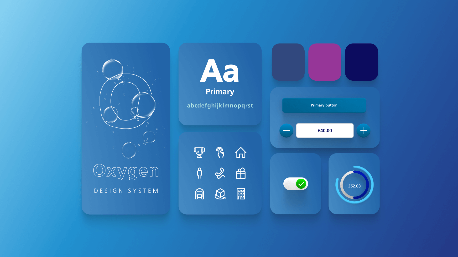 Oxygen design system UX showcase of text, colours and icons