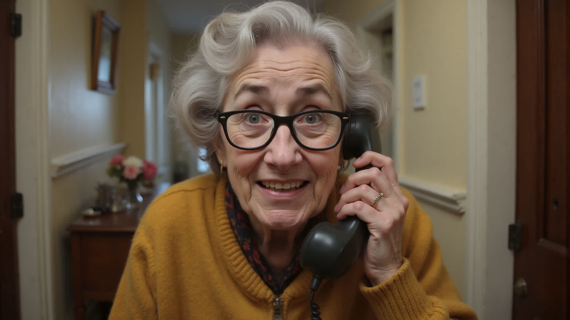 Daisy on a phone in the hallway