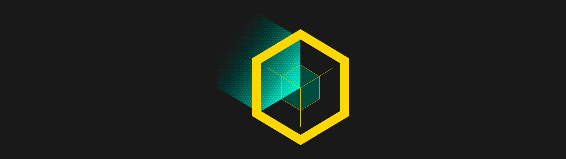 teal and yellow hexagonal shapes overlapping on a black background
