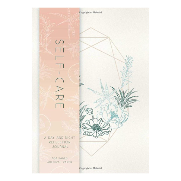 the Self-Care: A Day and Night Reflection Journal with a green and blue floral design on the cover