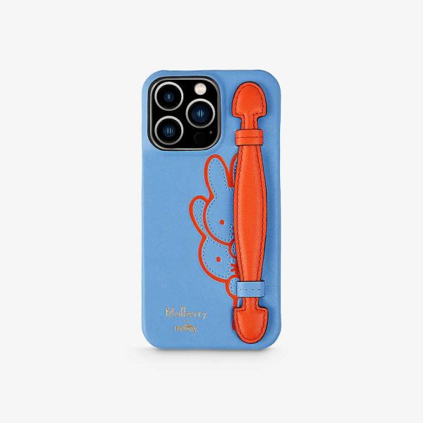 Coque Iphone 13 Pro Mulberry X Miffy En Cuir Bleu Doux Avec Poignée Orange