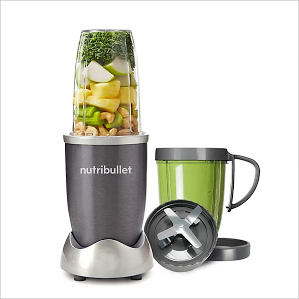 the Nutribullet 600 Series Blender in grey filled with fruits and vegetables