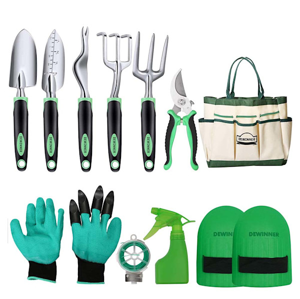 six garden tools, a beige and green bag, green gloves and green spray bottle