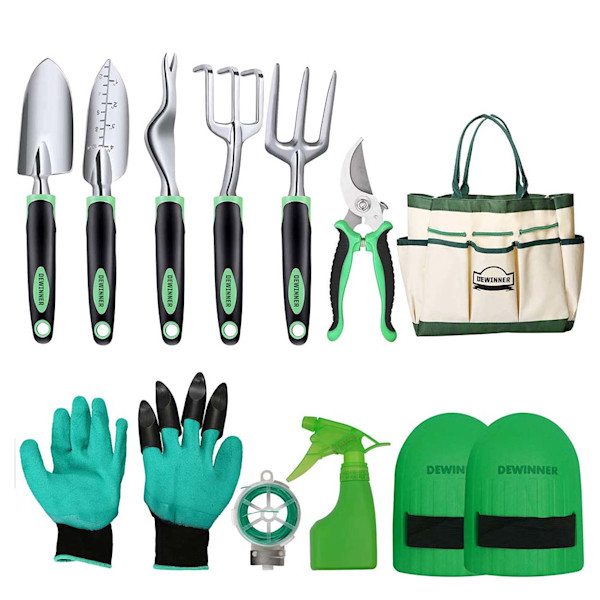 six garden tools, a beige and green bag, green gloves and green spray bottle