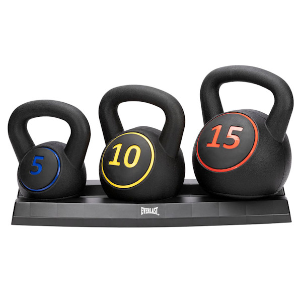 three black Everlast kettlebells reading '5', '10' and '15'