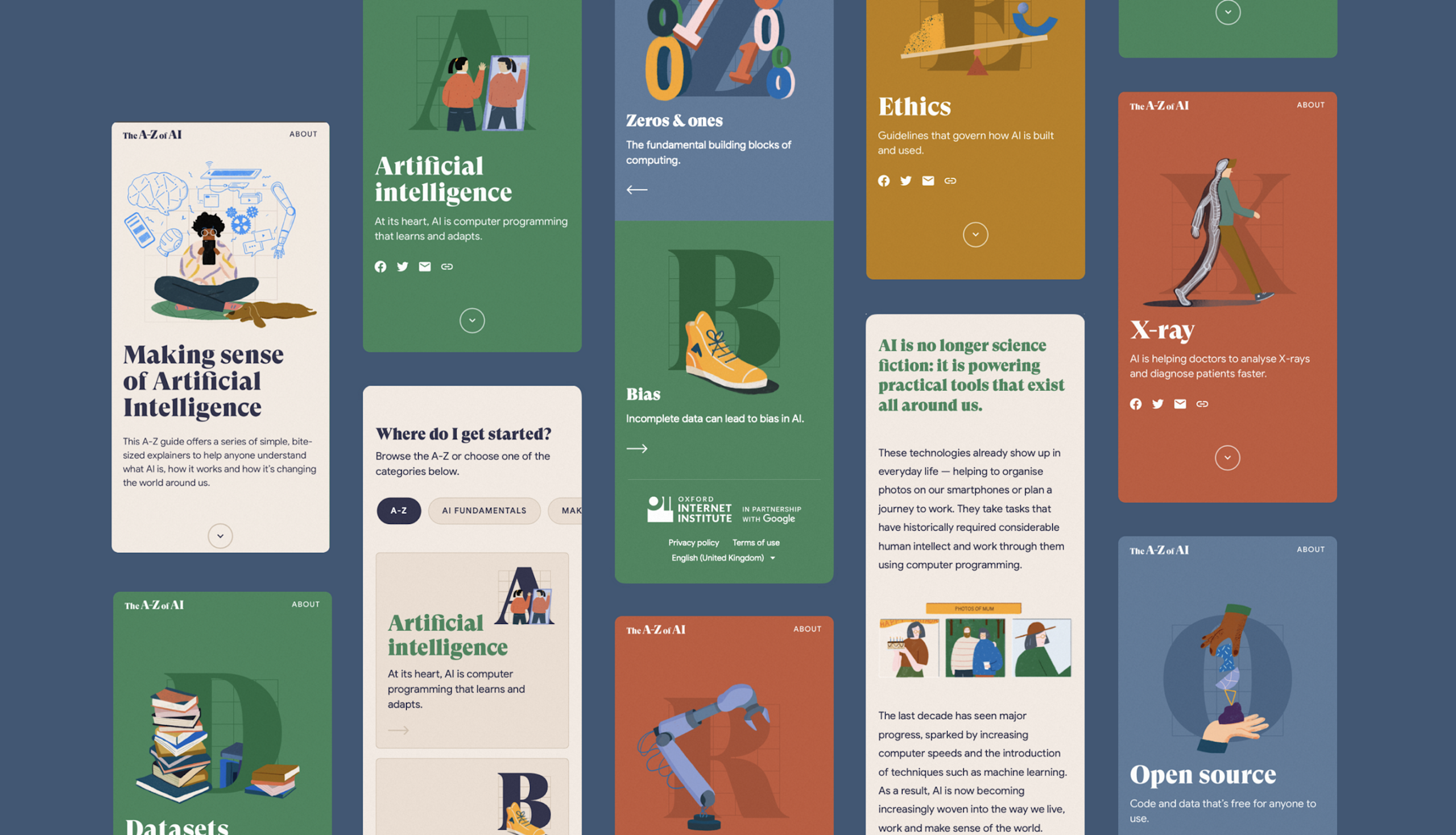 A collage of various pages from the website