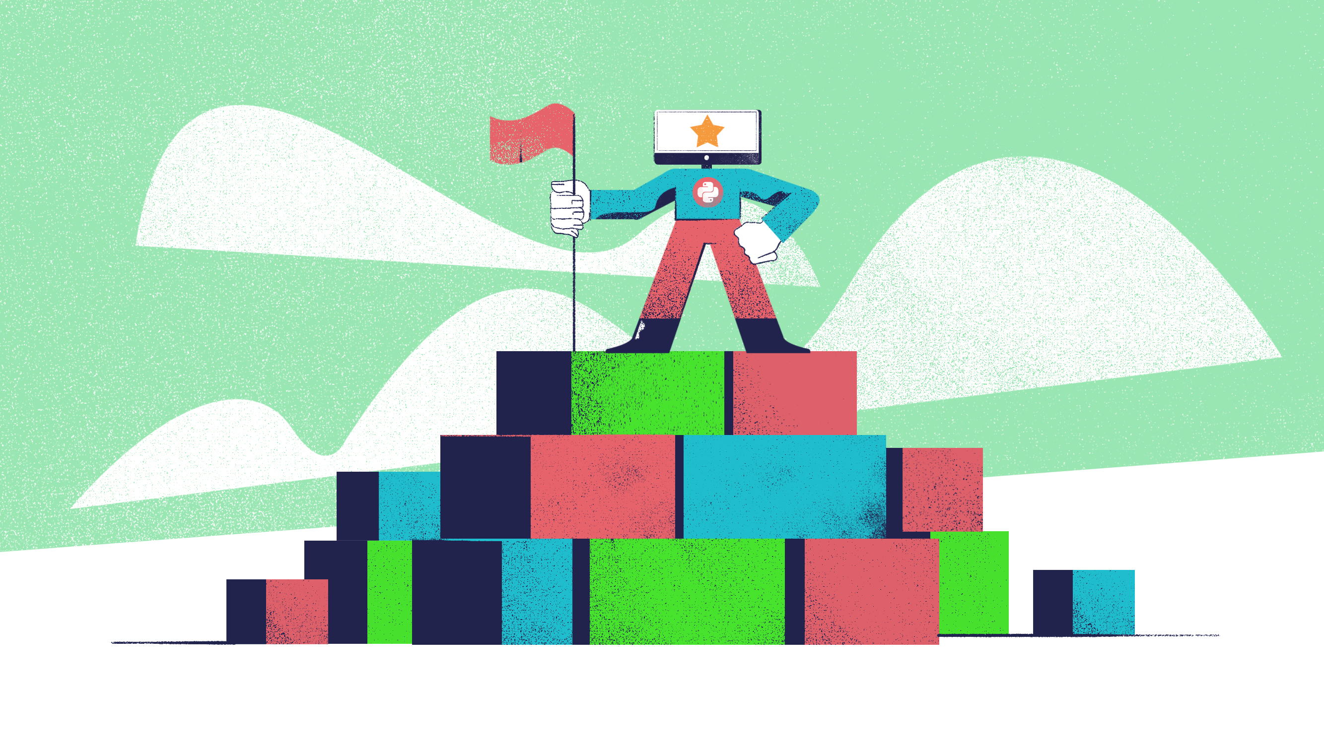 Python Guru planting a flag atop of a mountain made of abstract cubes, representing his progress in learning to code. With a light green background to match the day 14 image.