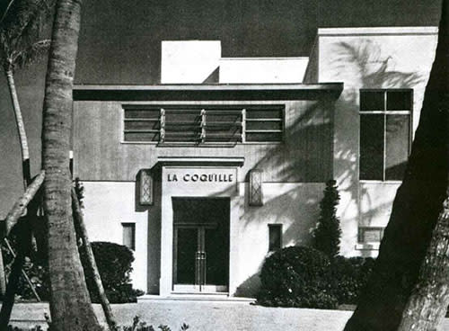 Vintage black and white photograph of La Coquille Club's north entrance.