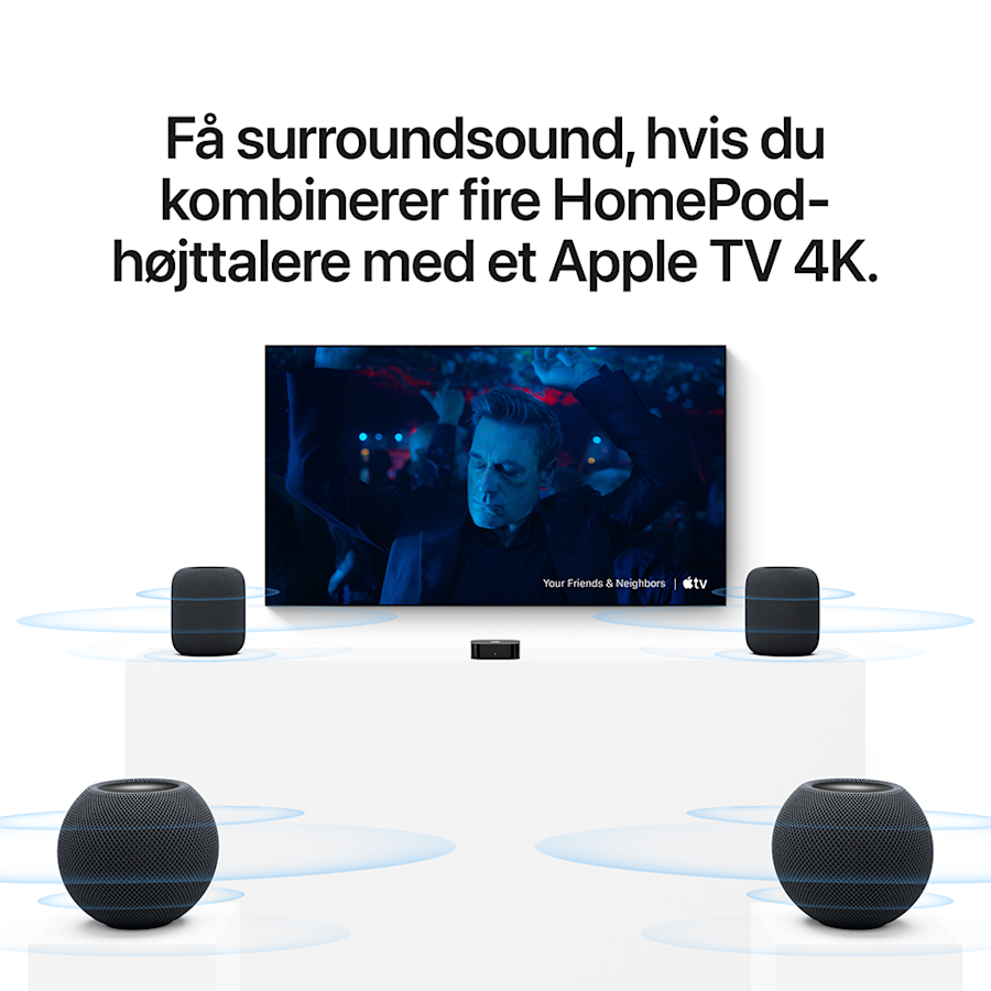 Få surroundsound, hvis du kombinerer fire HomePod-højttalere med et Apple TV 4K.