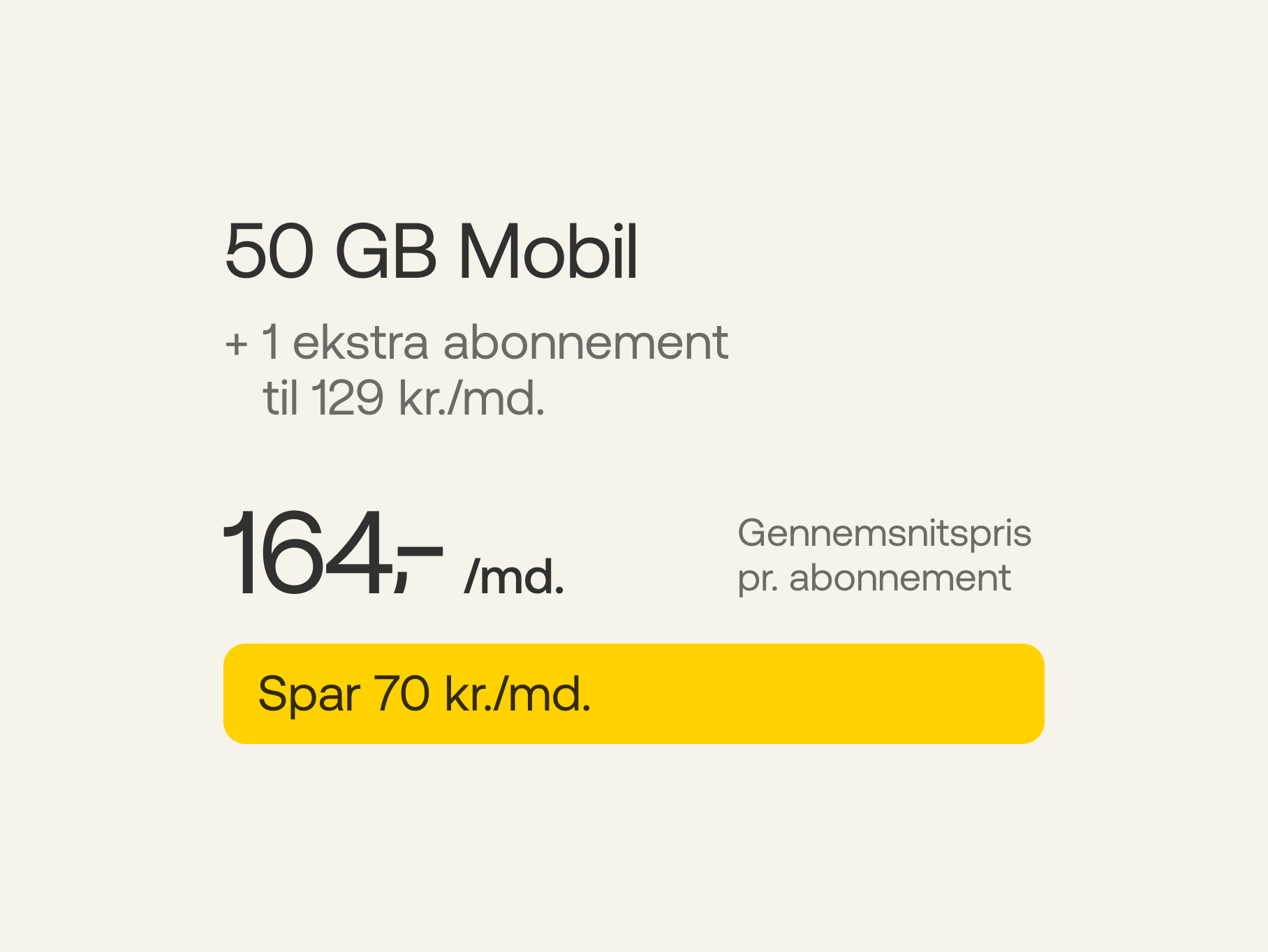 50 GB Mobil + 1 ekstra abonnement a' 129 kr./md. Gennemsnitspris pr. abonnement 164 kr./md. Spar 70 kr./md.