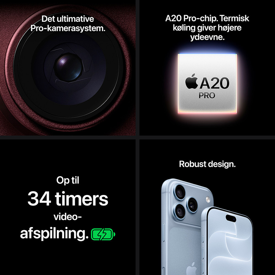 iPhone Pro giver dig det ultimative Pro-kamerasystem, A20 Pro-chip. Termisk køling giver højere ydeevne. Op til 34 timers videoafspilning og et robust design