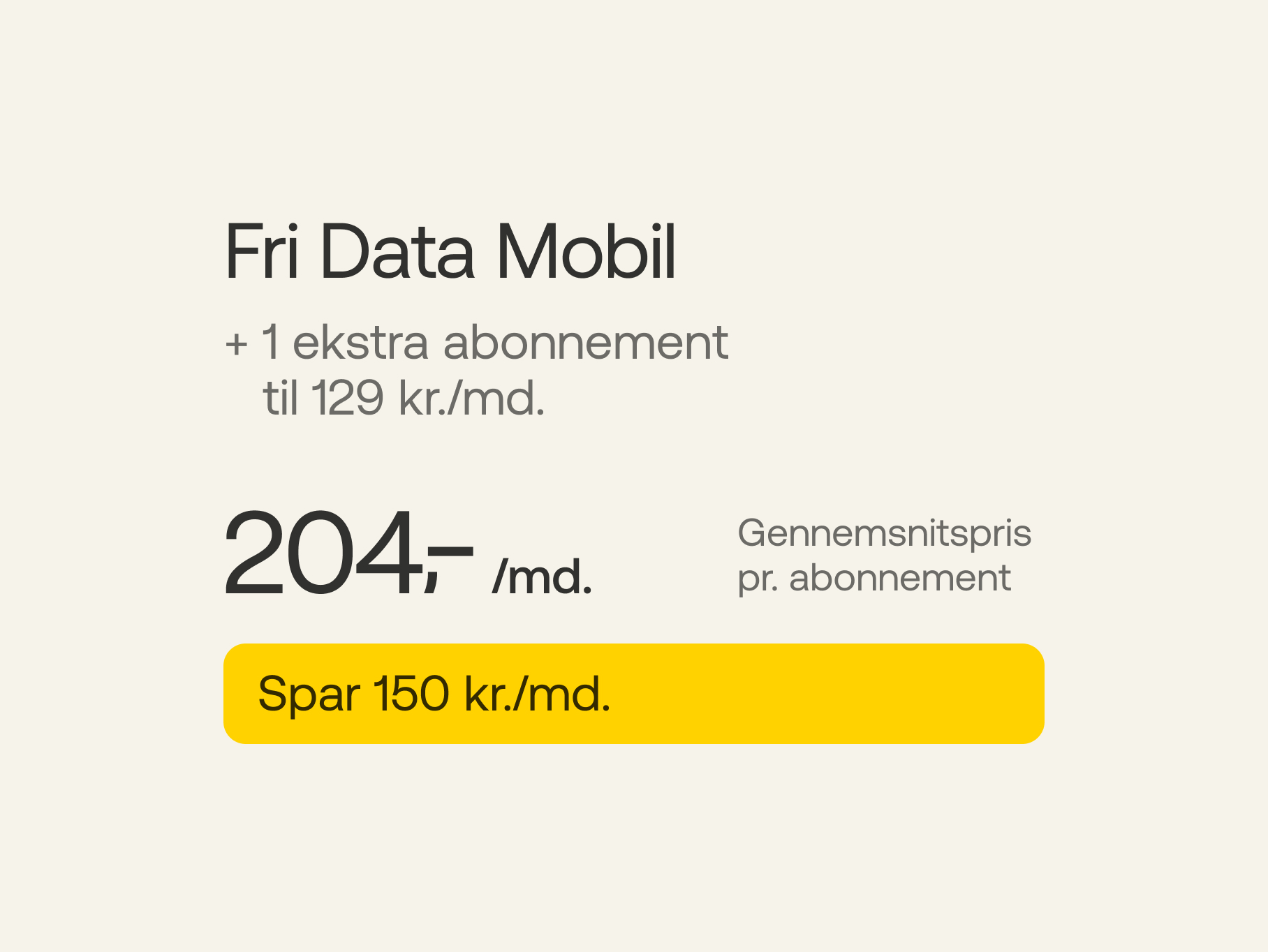 Fri Data Mobil + 1 ekstra abonnement a' 129 kr./md. Gennemsnitspris pr. abonnement 204 kr./md. Spar 150 kr./md.