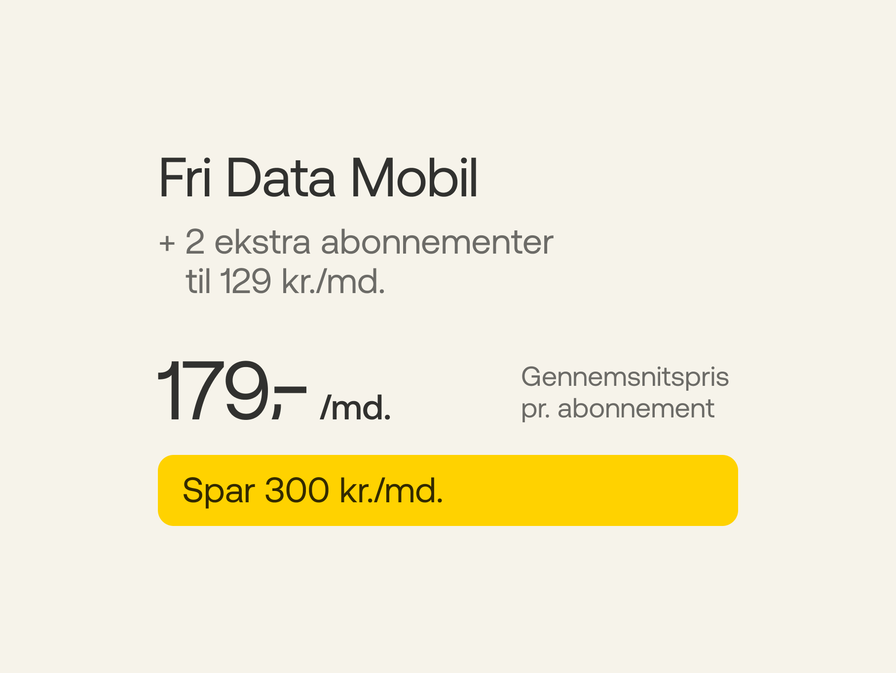 Fri Data Mobil + 5 ekstra abonnementer a' 129 kr./md. Gennemsnitspris pr. abonnement 179 kr./md. Spar 300 kr./md.