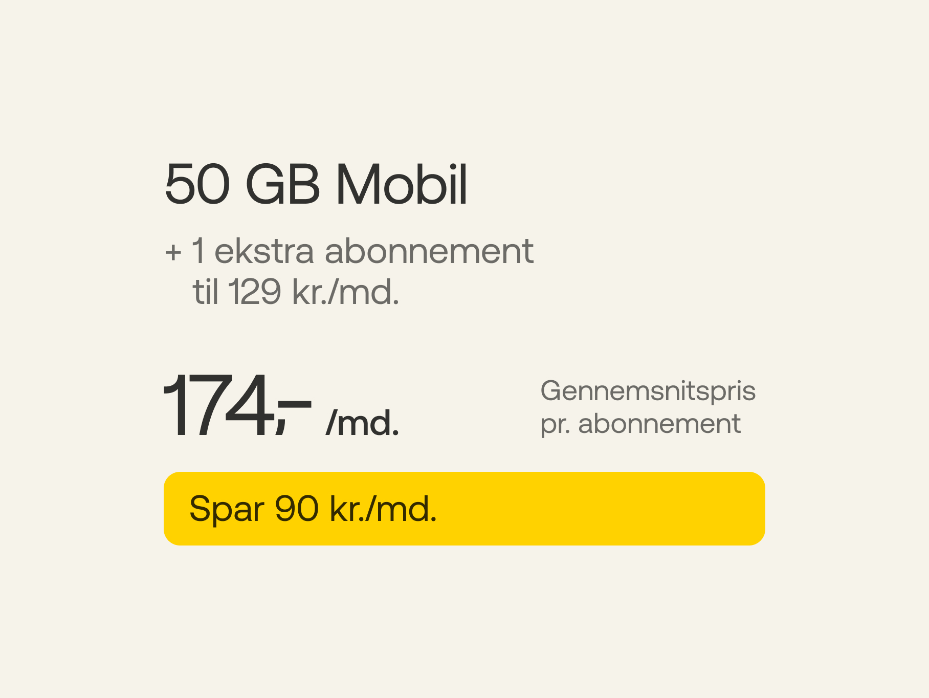 50 GB Mobil + 1 ekstra abonnement a' 129 kr./md. Gennemsnitspris pr. abonnement 174 kr./md. Spar 90 kr./md.