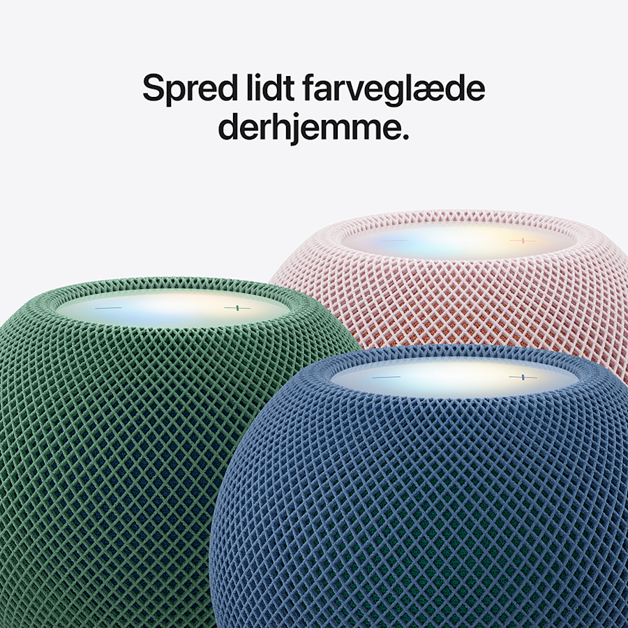 HomePod mini 2 fås i 5 levende farver: grøn, blå, lyserød, sort og hvid.