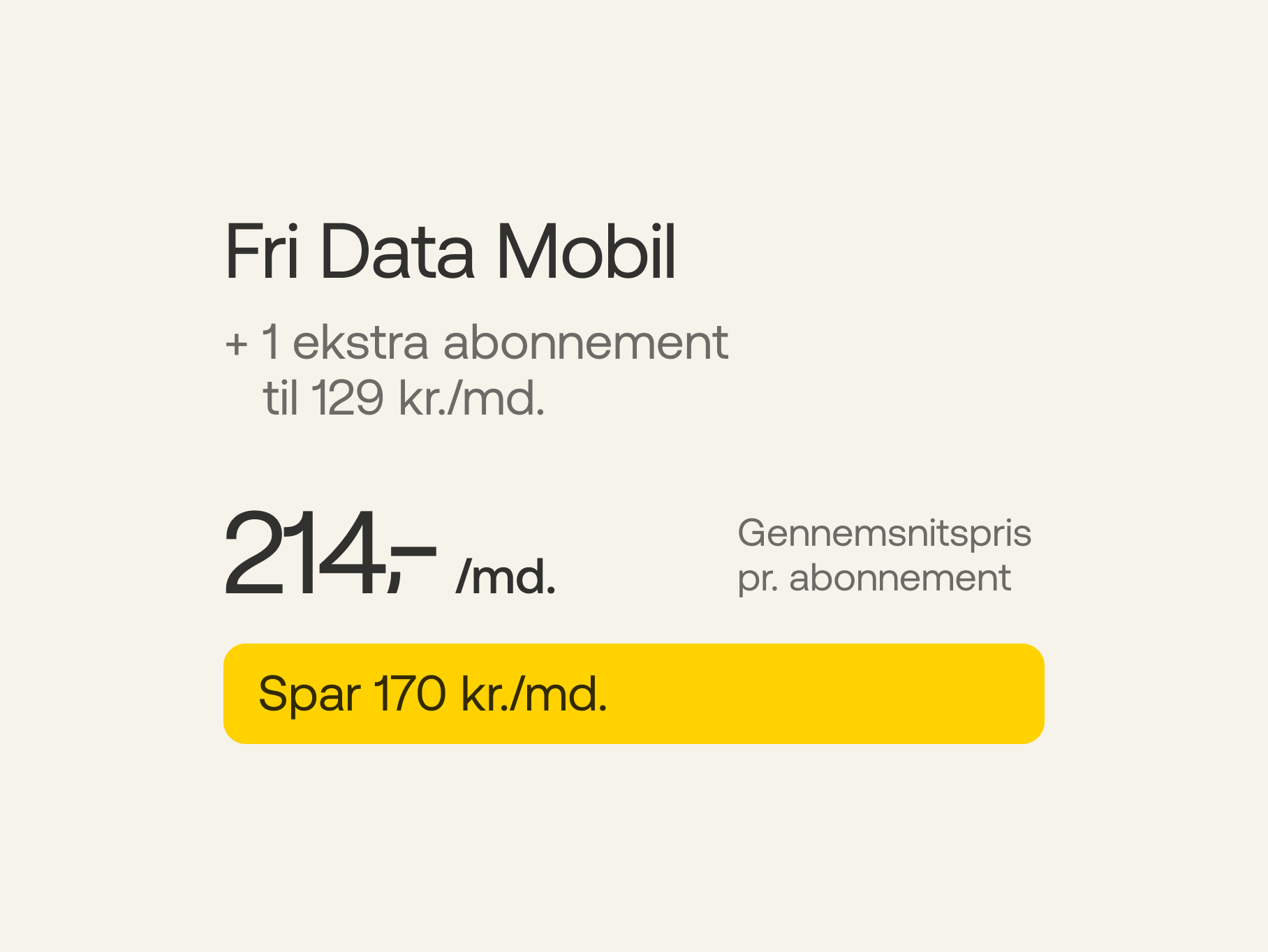 Fri Data Mobil + 1 ekstra abonnement a' 129 kr./md. Gennemsnitspris pr. abonnement 214 kr./md. Spar 170 kr./md.