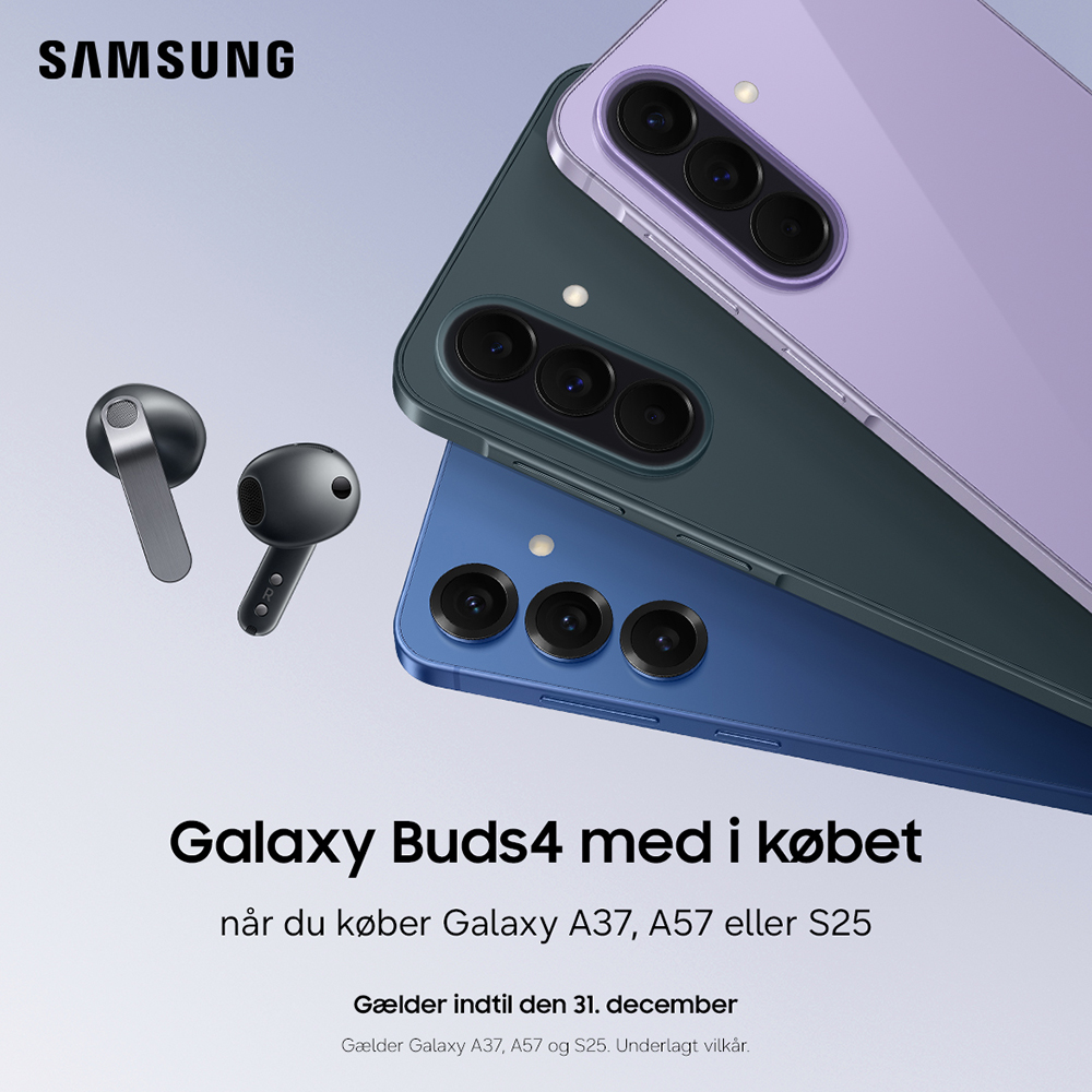 Få Galaxy Buds4 med i købet, når du køber Galaxy A37, A57 eller S25. Gælder indtil 31. december 2026.