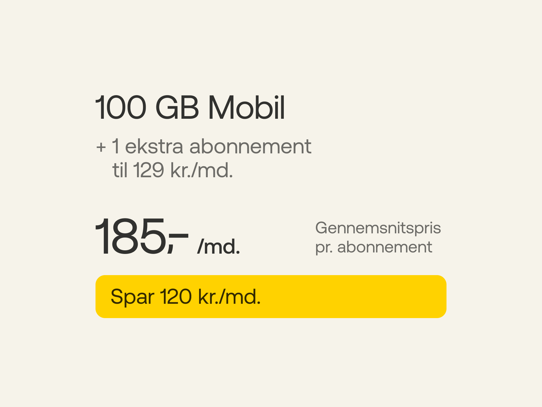 100 GB Mobil + 1 ekstra abonnement a' 129 kr./md. Gennemsnitspris pr. abonnement 185 kr./md. Spar 120 kr./md.
