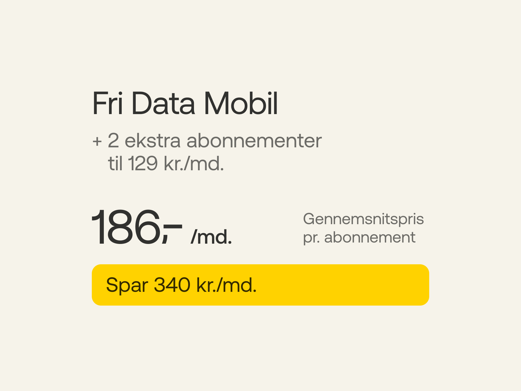 Fri Data Mobil + 2 ekstra abonnementer a' 129 kr./md. Gennemsnitspris pr. abonnement 186 kr./md. Spar 340 kr./md.