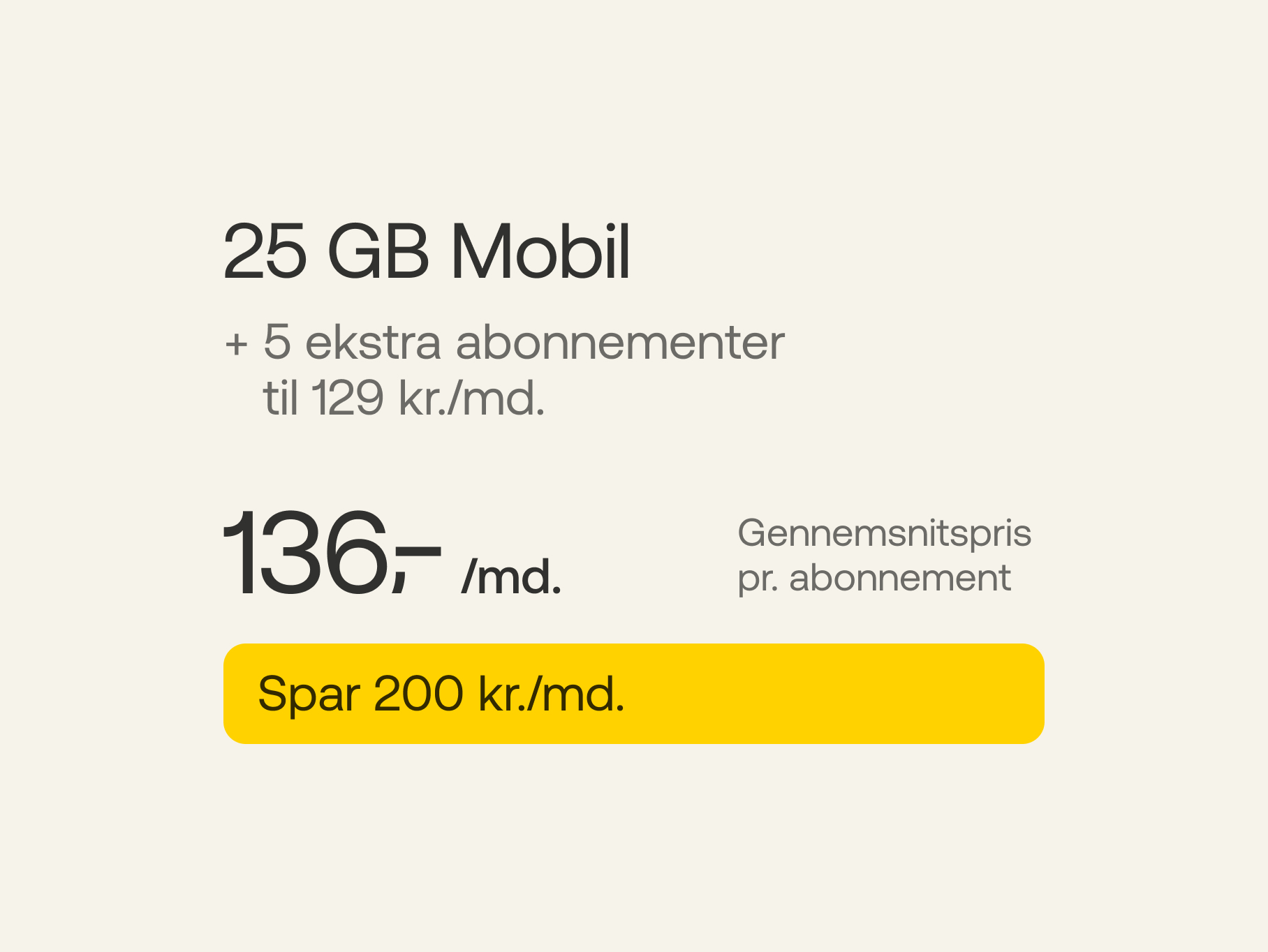 25 GB Mobil + 5 ekstra abonnementer a' 129 kr./md. Gennemsnitspris pr. abonnement 136 kr./md. Spar 200 kr./md.