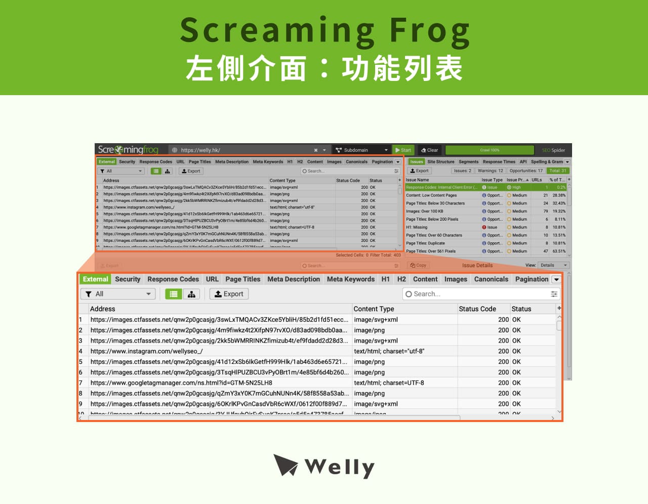 Screaming Frog左側介面：功能列表