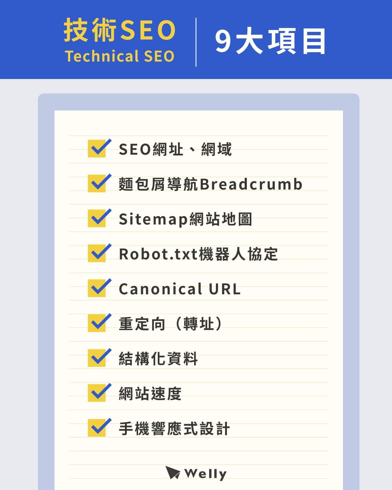 技術SEO（Technical SEO）9大項目：SEO網址／網域、麵包屑導航Breadcrumb、Sitemap網站地圖、Robot.txt機器人協定、Canonical URL、重定向（轉址）、結構化資料、網站速度、手機響應式設計
