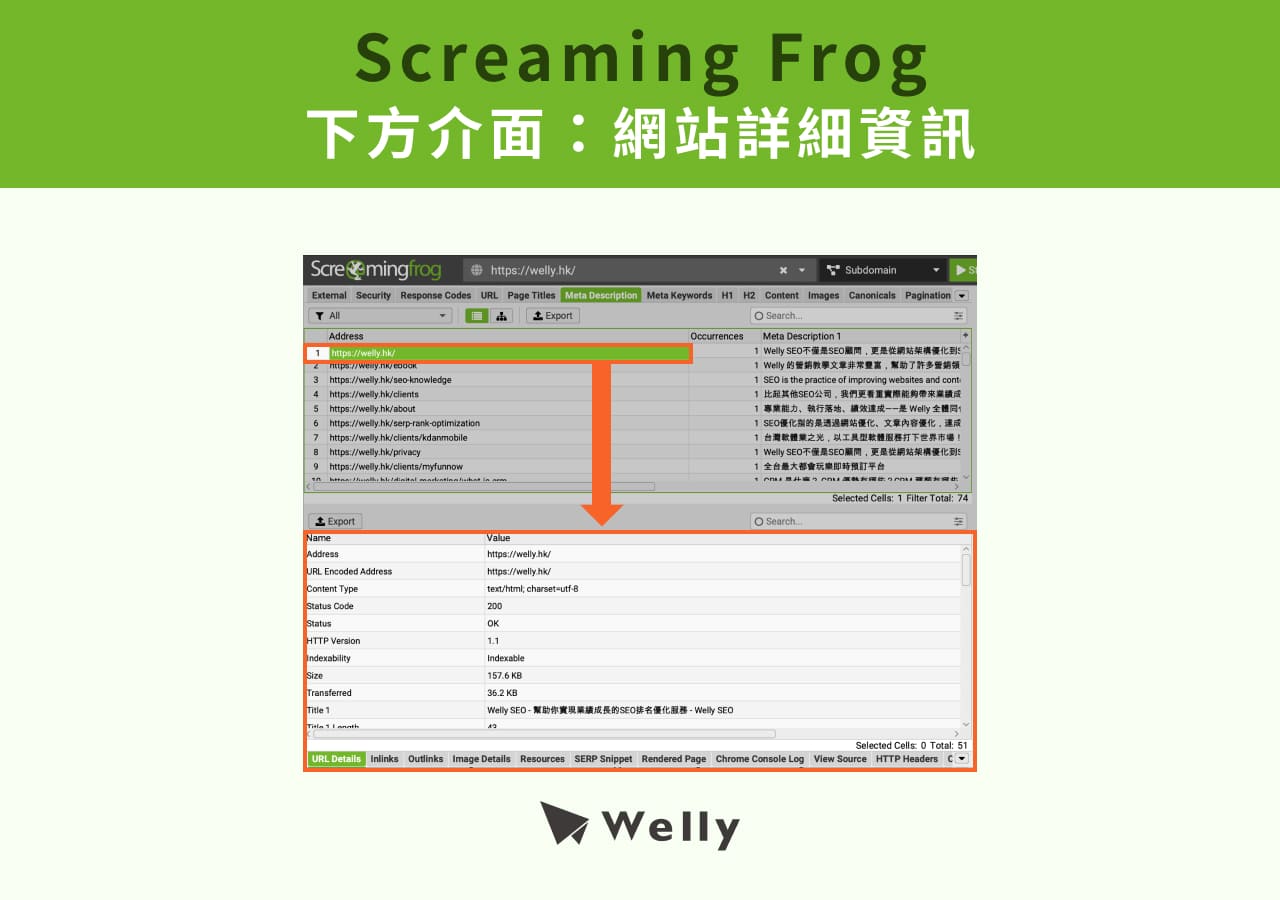 Screaming Frog下方介面：網站詳細資訊