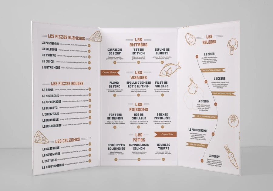 Menu rigide triple - 3 volets - 21 x 38 cm fermé - 63 x 38 cm ouvert