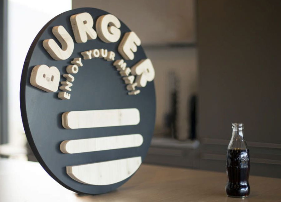 Letra y logotipo de madera de hamburguesa de 19 mm