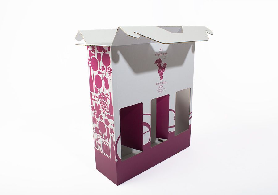 Caja para botellas con asa y ventana multibotella abierta