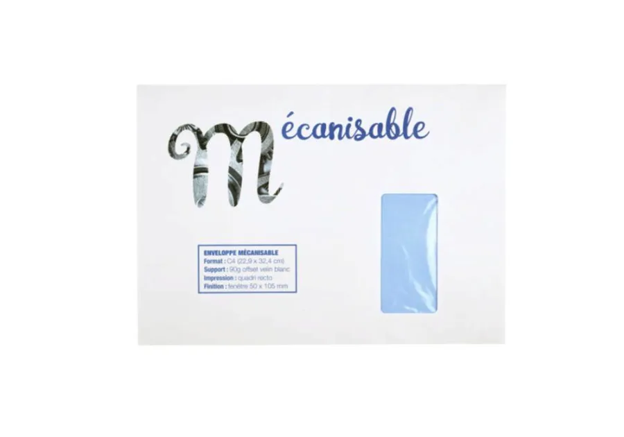 Enveloppe mecanisable 22,9x32,4mm 90g offset velin blanc avec fenetre 50x105mm
