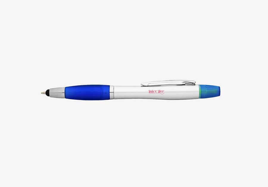 Stylo-bille-stylet-et-surligneur-Nash-bleu-royalargenté