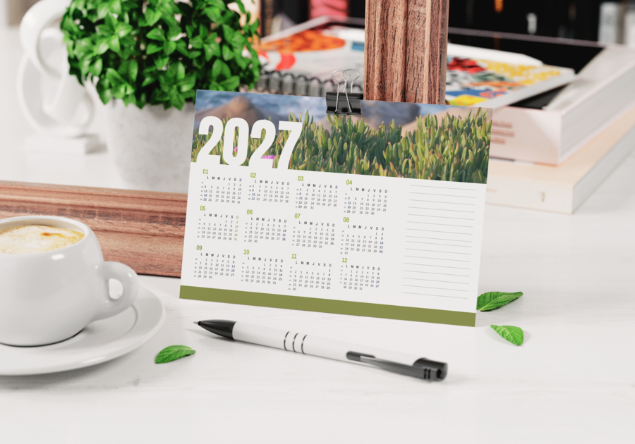 Hoja de calendario de 350g, estucado semi-mate, 2027