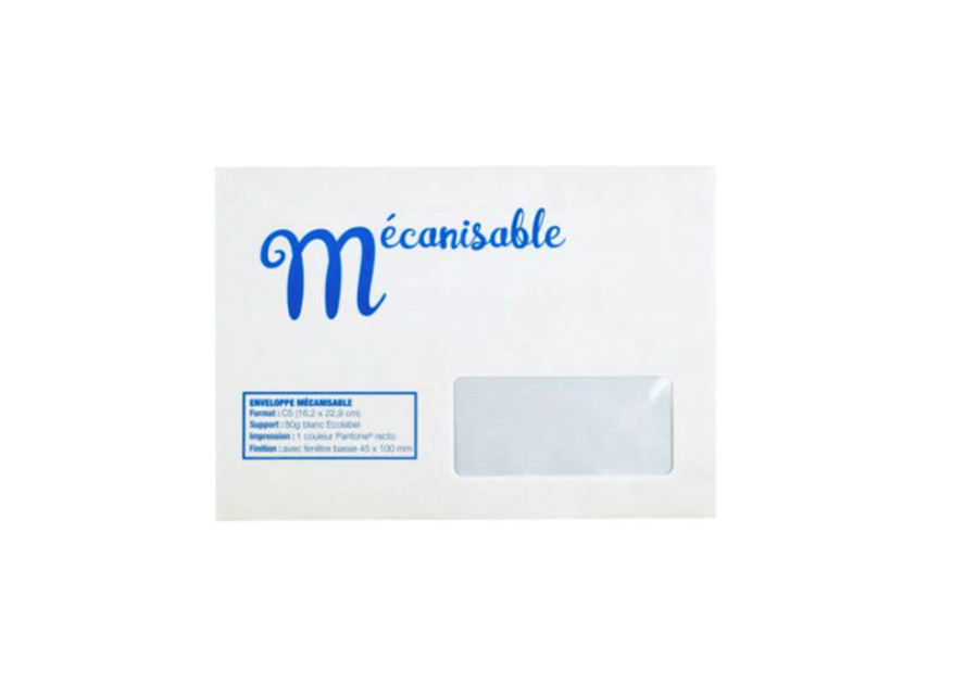Sobre mecanizable 162x229cm 80g blanco Ecolabel con ventana inferior 45x100mm