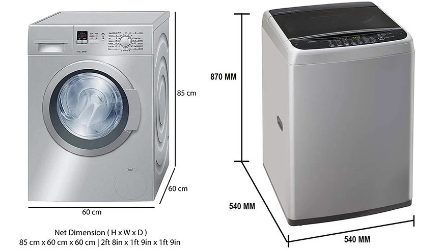 The usual dimensions of regular front-load and top-load washing machines