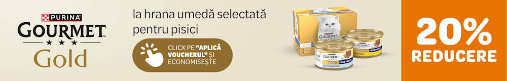 Purina Gourmet Gold. 20% reducere la hrana umedă selectată pentru pisici. Click pe "Aplică voucherul și economisește".