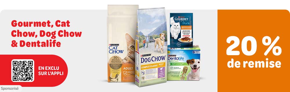 20 % de remise sur Cat Chow, Dentalife, Dog Chow et Gourmet sur l'appli